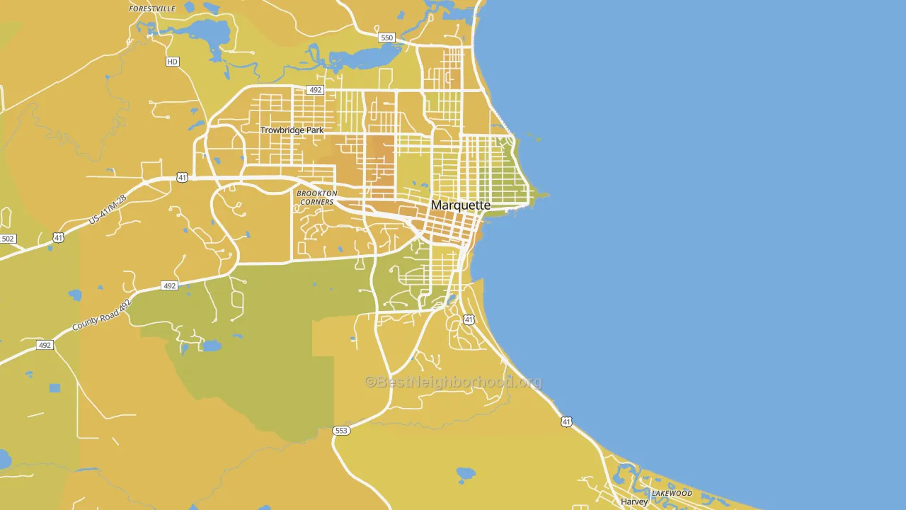 Map of the best neighborhoods in the Marquette area, with better matches in green and worse matches in red