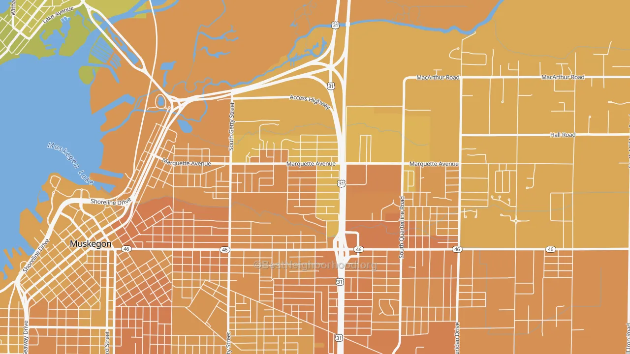 Map of the best neighborhoods in the Marquette, Muskegon area, with better matches in green and worse matches in red