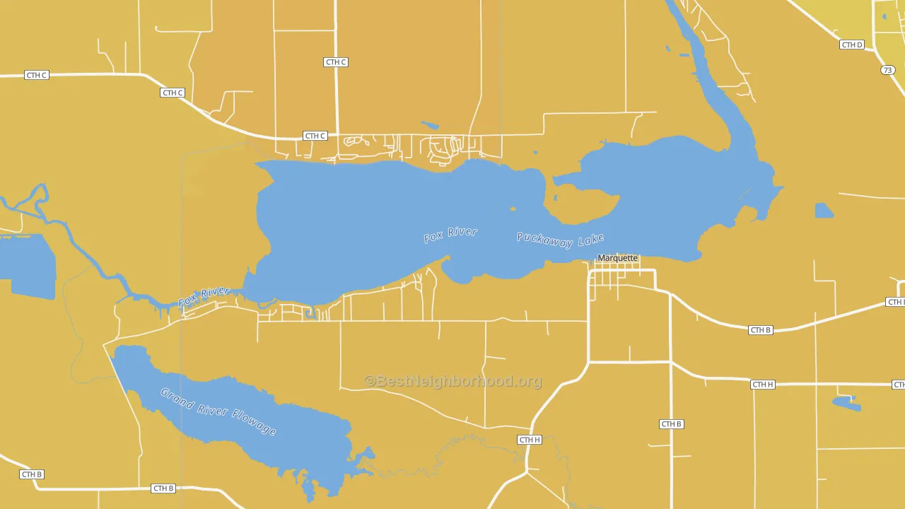 Map of the best neighborhoods in the Marquette area, with better matches in green and worse matches in red