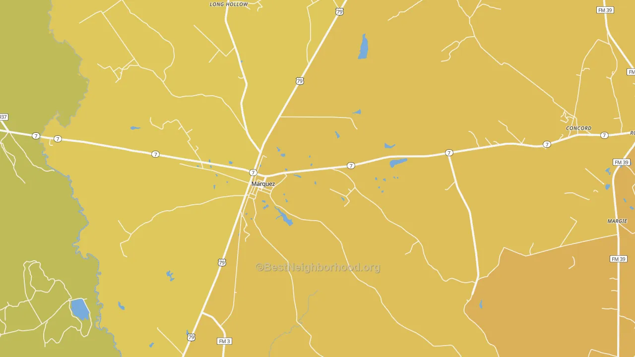 Map of the best neighborhoods in the Marquez area, with better matches in green and worse matches in red