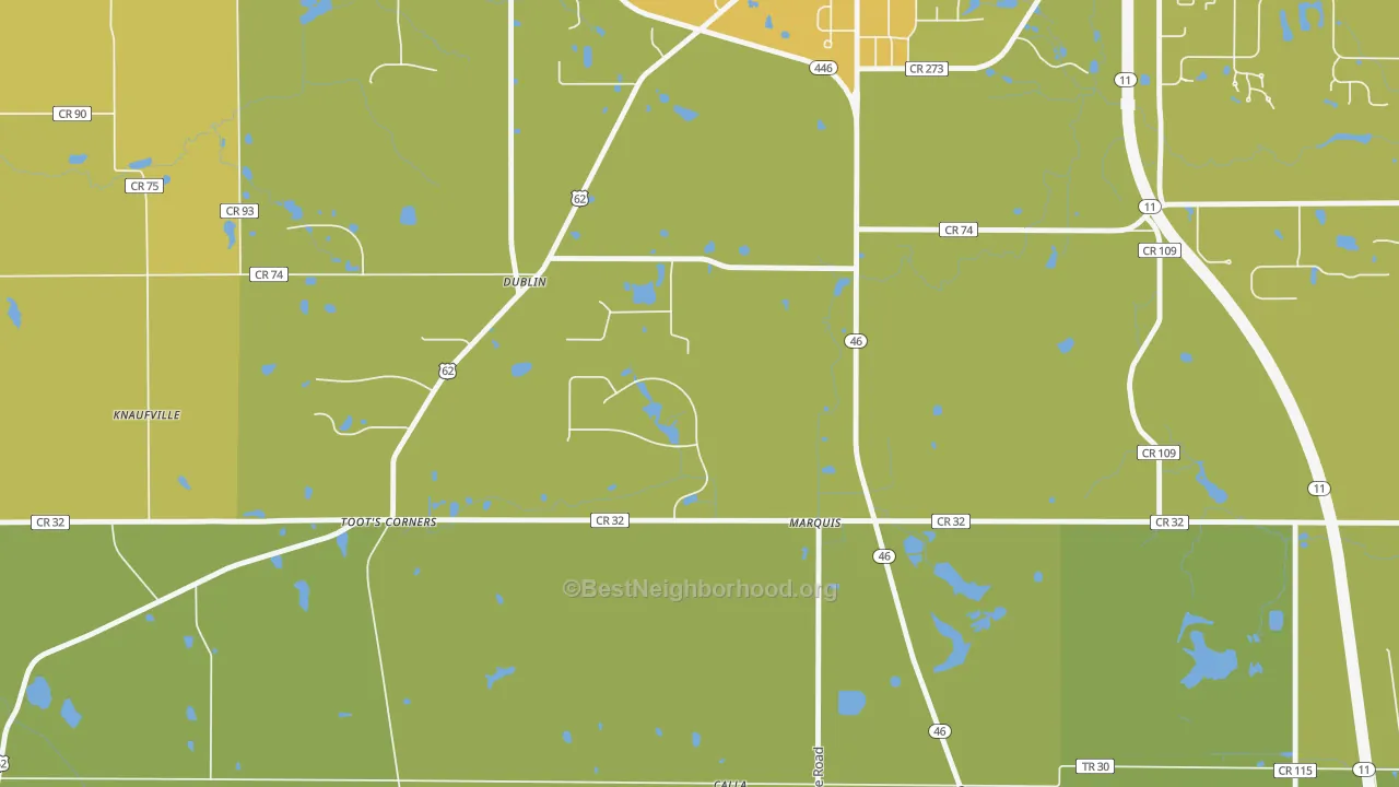 Map of the best neighborhoods in the Marquis area, with better matches in green and worse matches in red