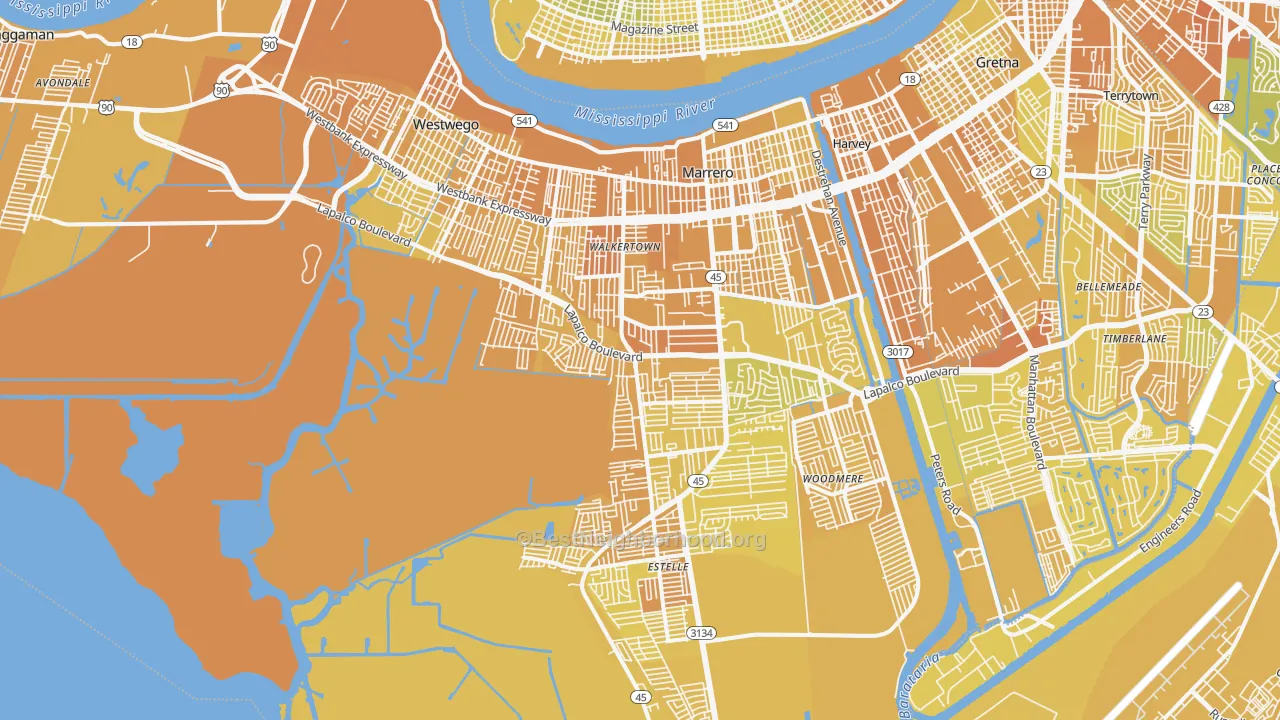 Map of the best neighborhoods in the Marrero area, with better matches in green and worse matches in red