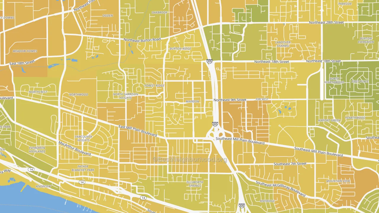 Map of the best neighborhoods in the Marrion, Vancouver area, with better matches in green and worse matches in red
