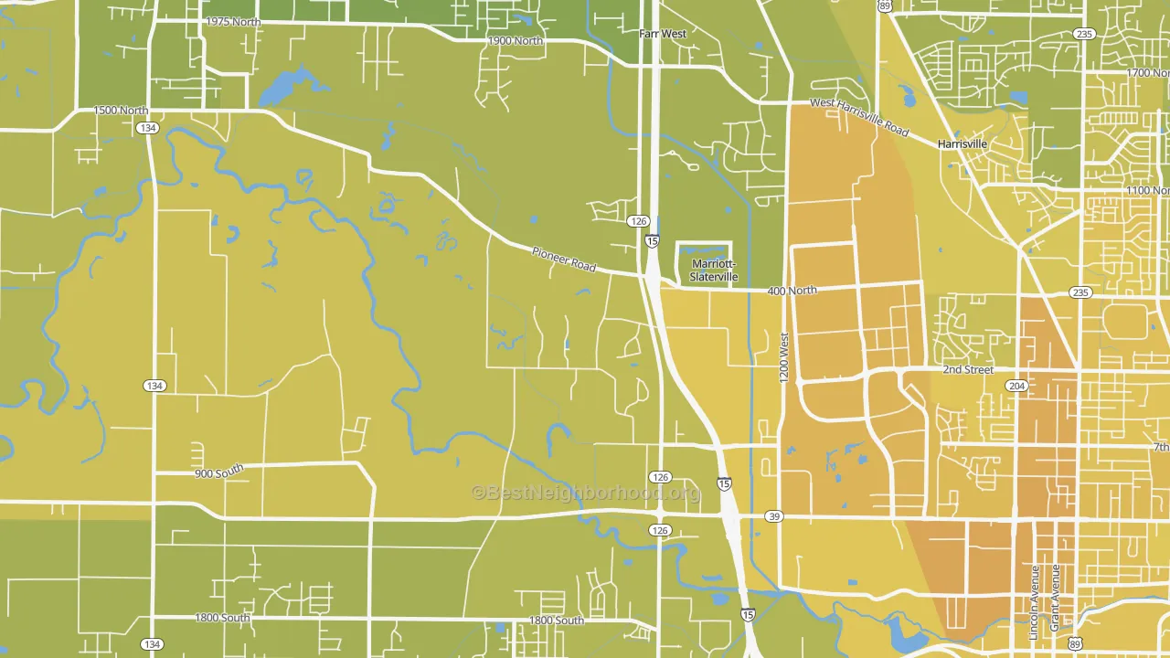 Map of the best neighborhoods in the Marriott-Slaterville area, with better matches in green and worse matches in red