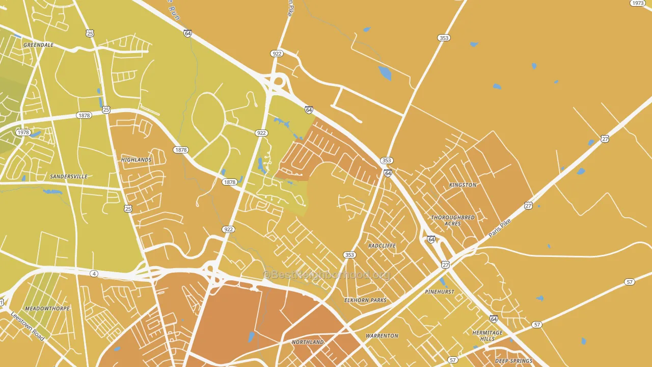 Map of the best neighborhoods in the Marriott's Griffin Gate Golf Culb, Lexington area, with better matches in green and worse matches in red