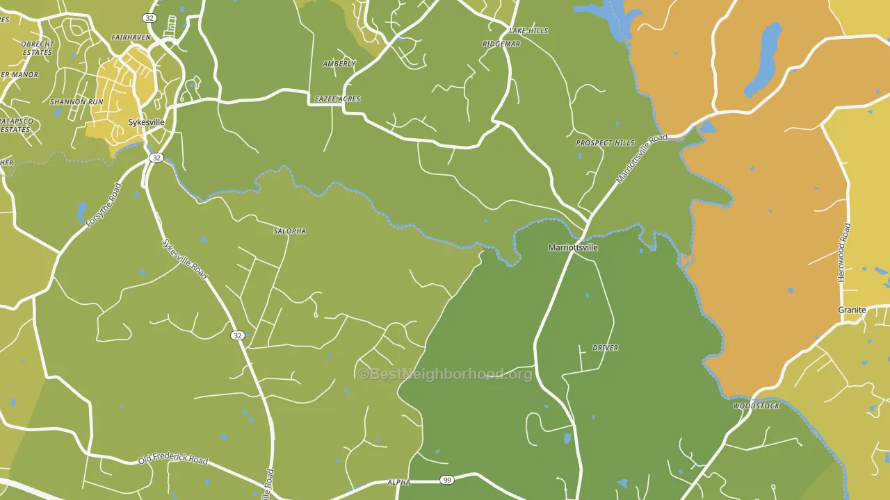 Map of the best neighborhoods in the Marriottsville area, with better matches in green and worse matches in red
