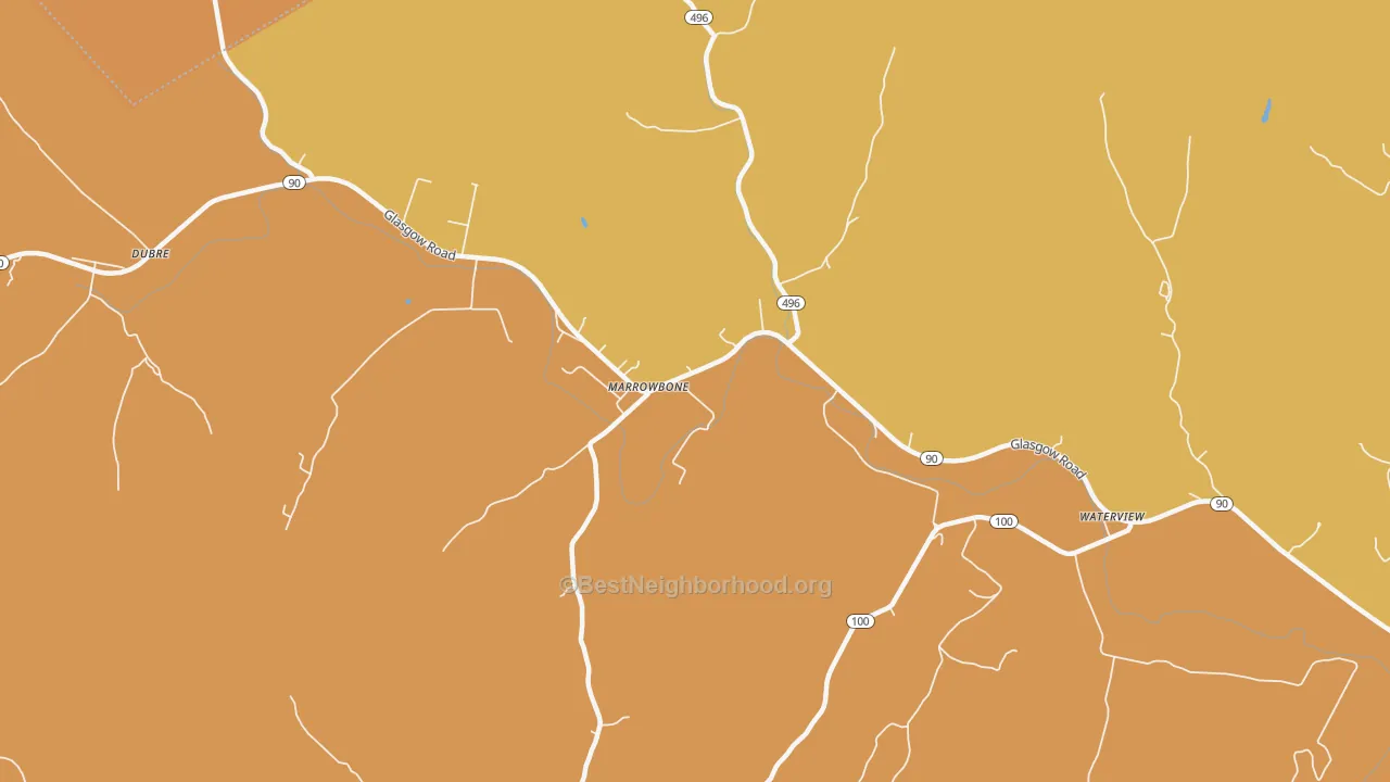 Map of the best neighborhoods in the Marrowbone area, with better matches in green and worse matches in red