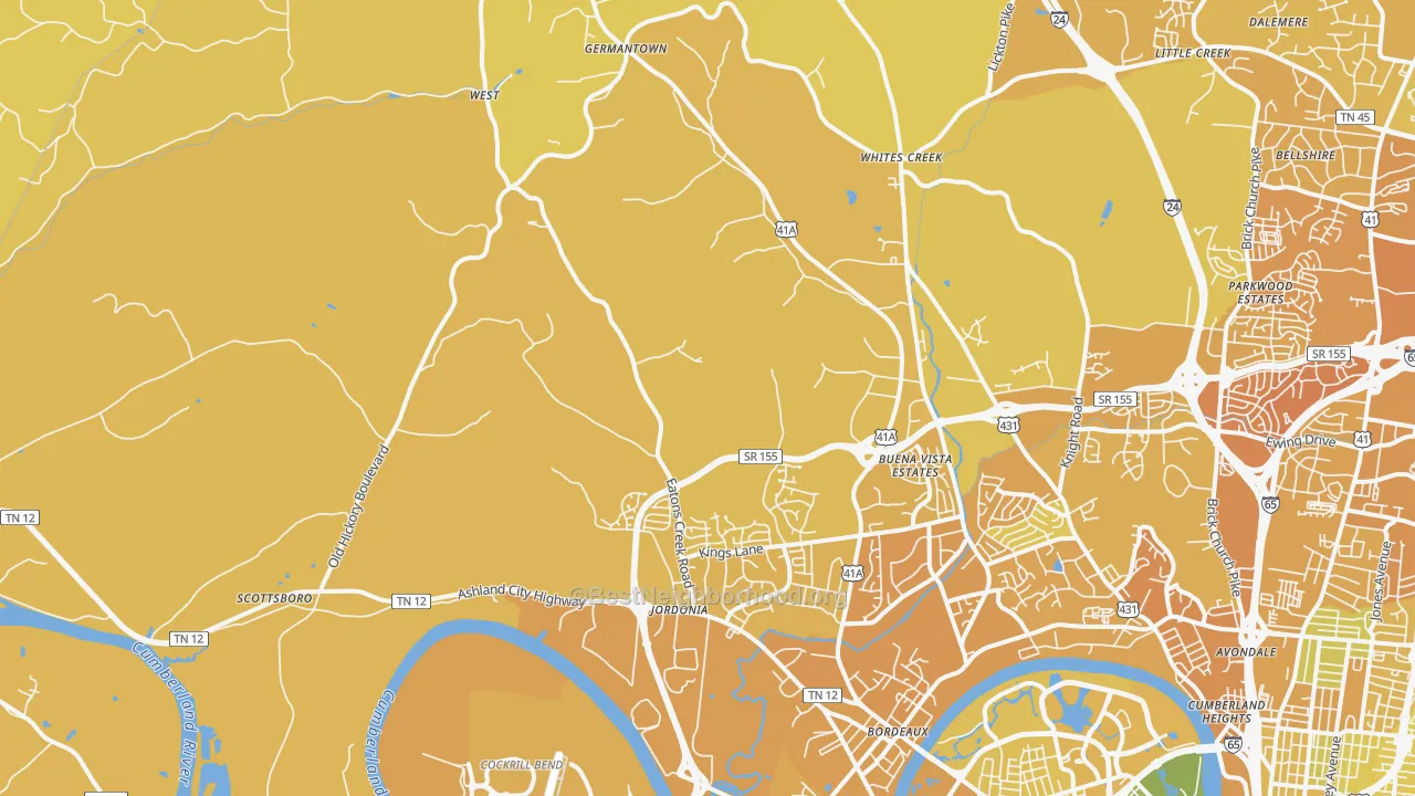 Map of the best neighborhoods in the Marrowbone, Nashville area, with better matches in green and worse matches in red