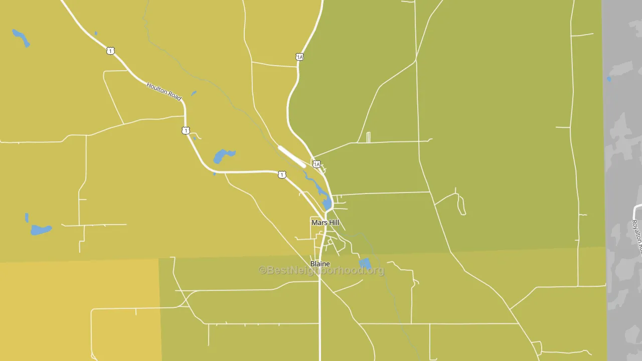 Map of the best neighborhoods in the Mars Hill area, with better matches in green and worse matches in red