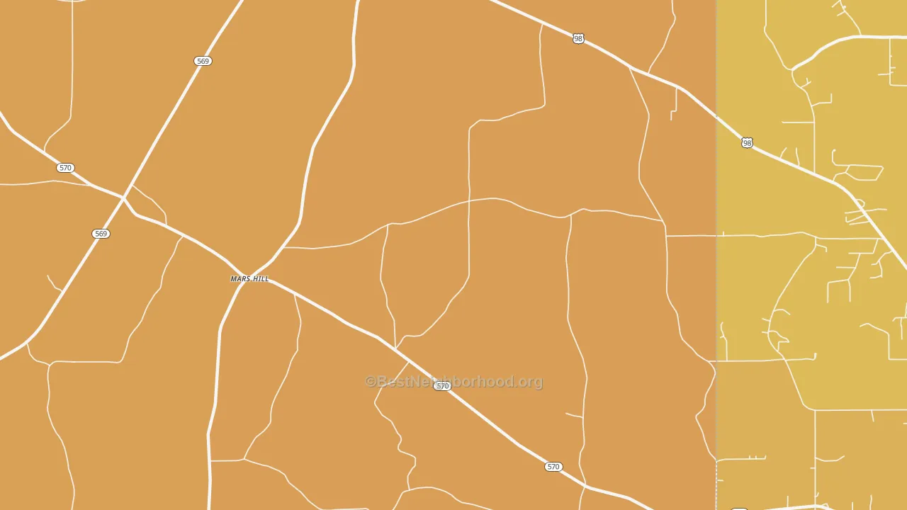 Map of the best neighborhoods in the Mars Hill area, with better matches in green and worse matches in red