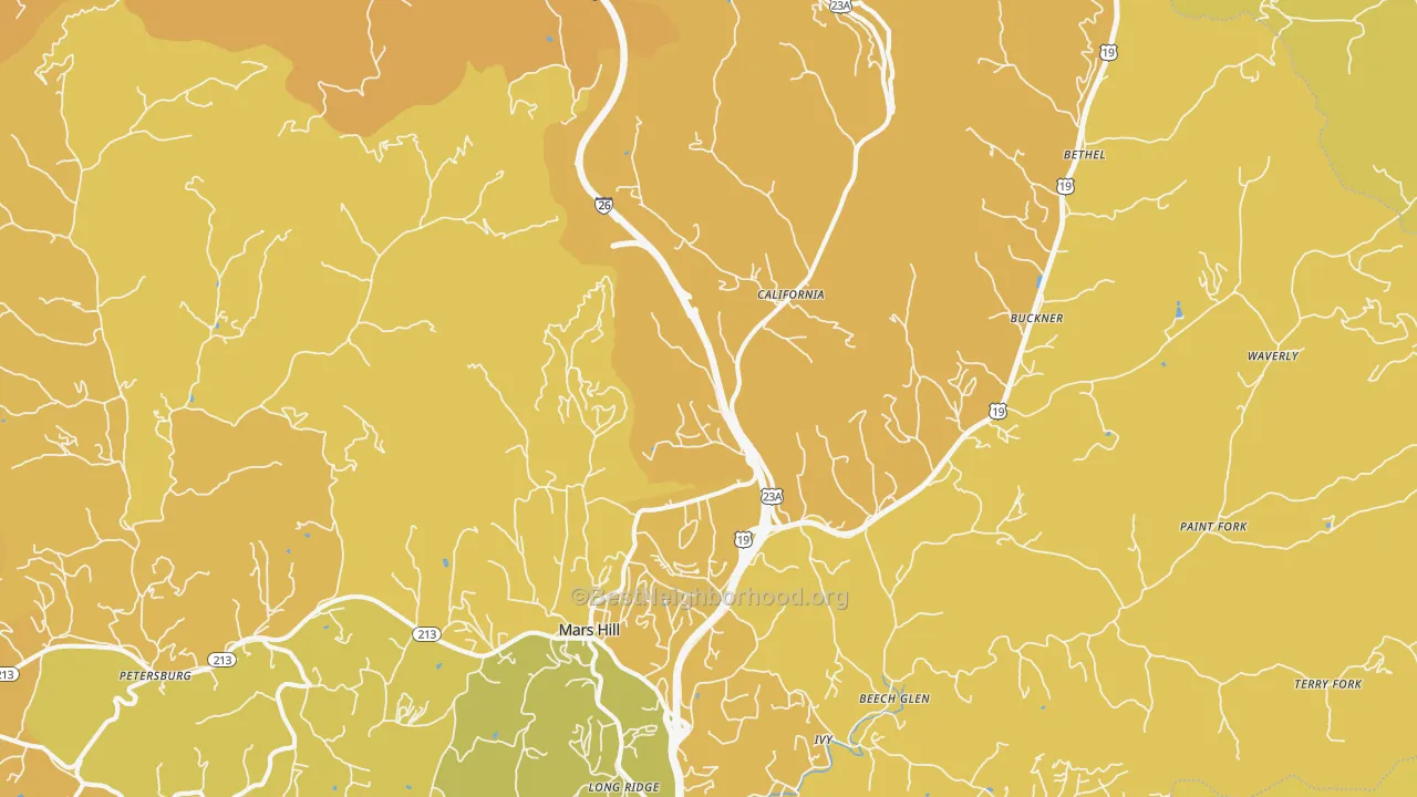 Map of the best neighborhoods in the Mars Hill area, with better matches in green and worse matches in red
