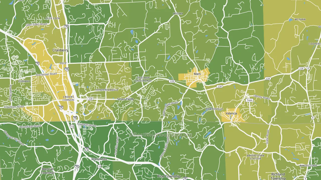 Map of the best neighborhoods in the Mars area, with better matches in green and worse matches in red