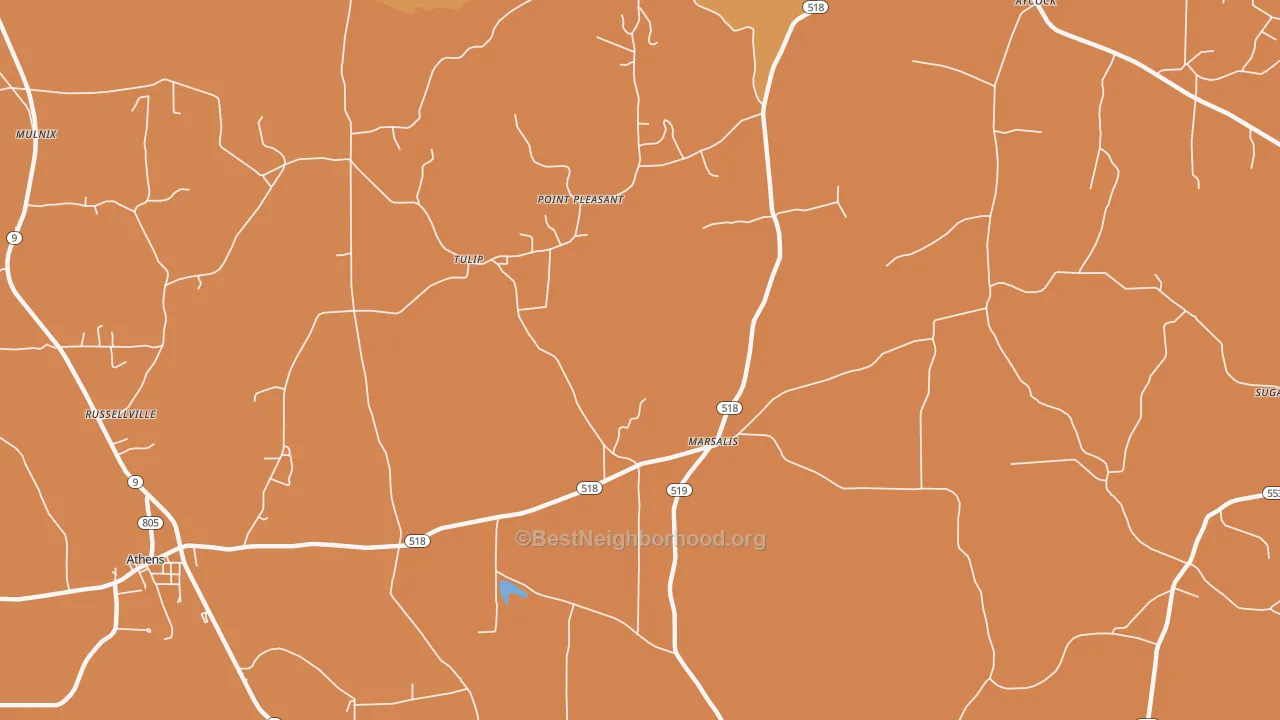 Map of the best neighborhoods in the Marsalis area, with better matches in green and worse matches in red