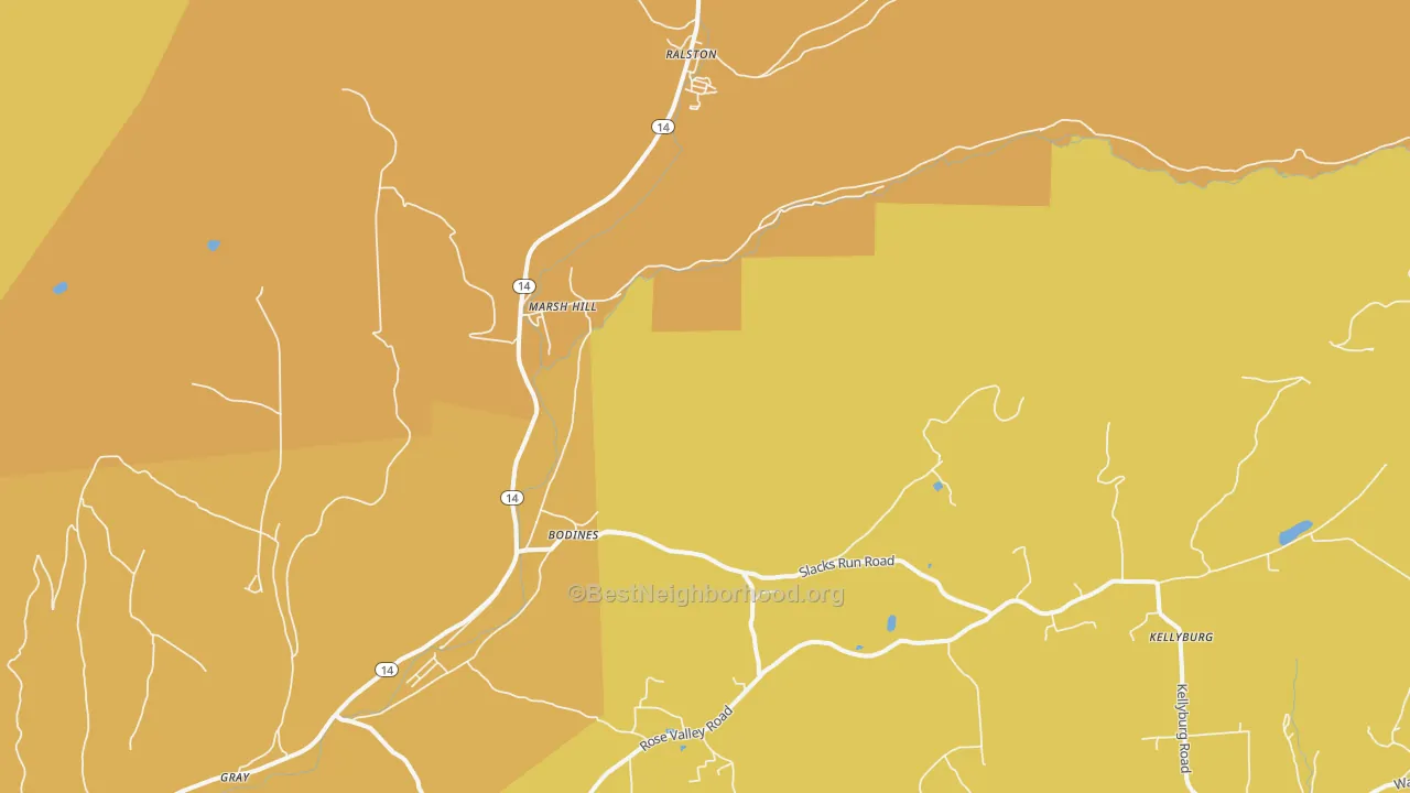 Map of the best neighborhoods in the Marsh Hill area, with better matches in green and worse matches in red