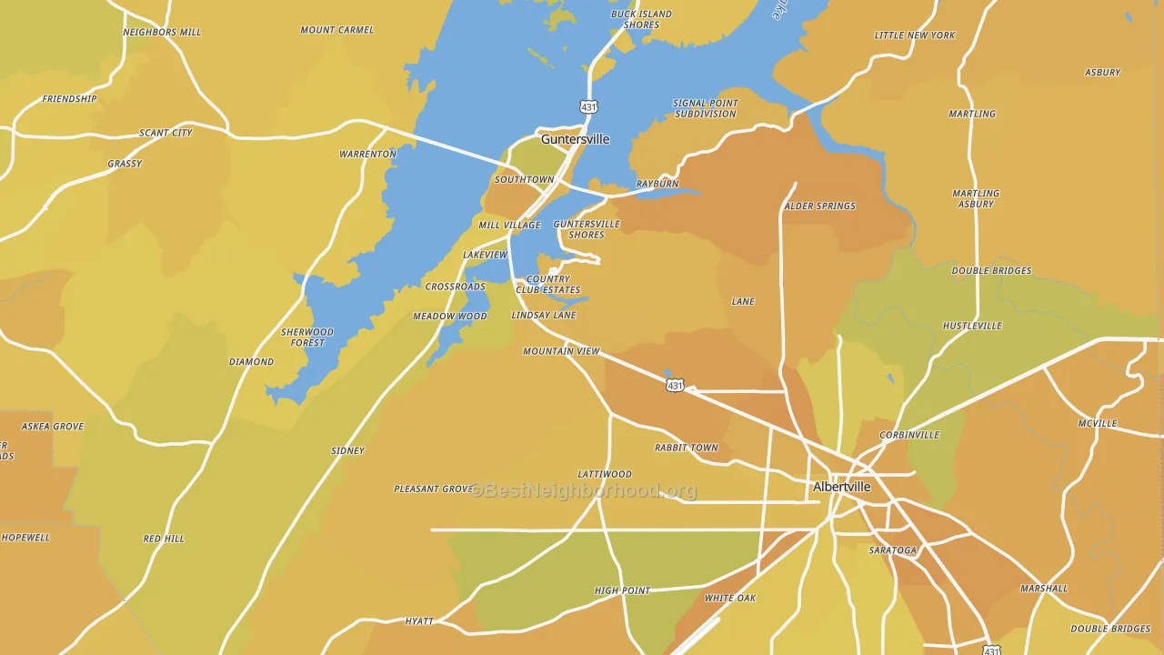 Map of the best neighborhoods in the Marshall County area, with better matches in green and worse matches in red