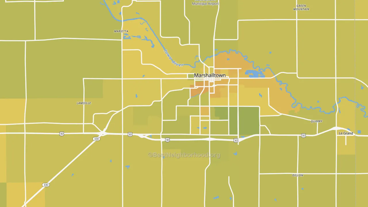 Map of the best neighborhoods in the Marshall County area, with better matches in green and worse matches in red
