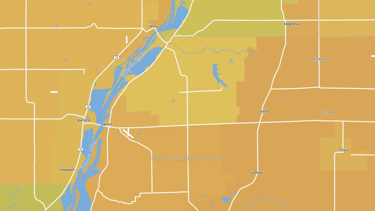 Map of the best neighborhoods in the Marshall County area, with better matches in green and worse matches in red