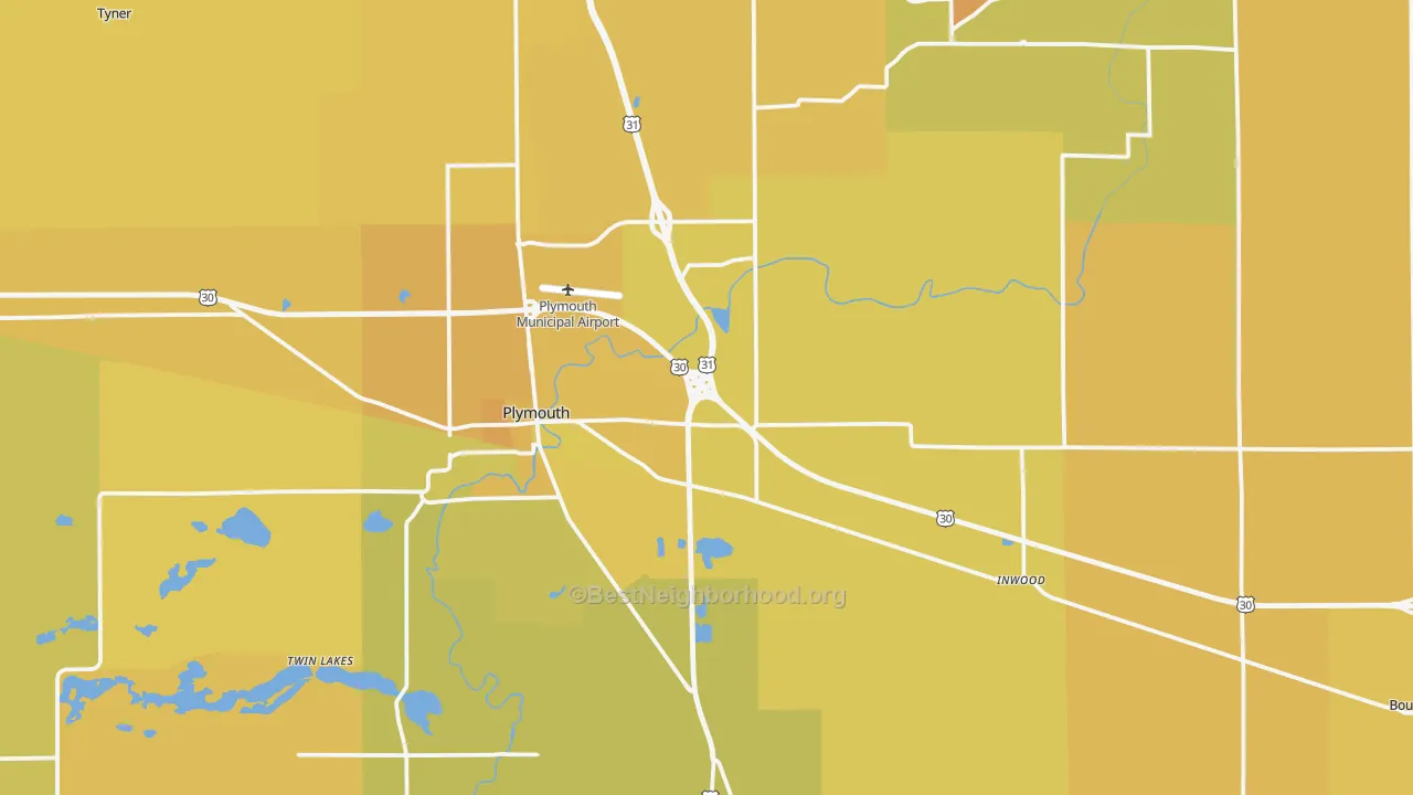 Map of the best neighborhoods in the Marshall County area, with better matches in green and worse matches in red