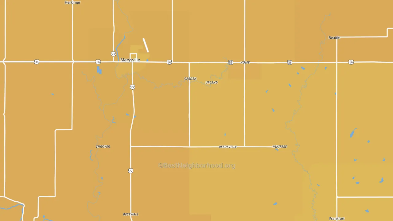 Map of the best neighborhoods in the Marshall County area, with better matches in green and worse matches in red