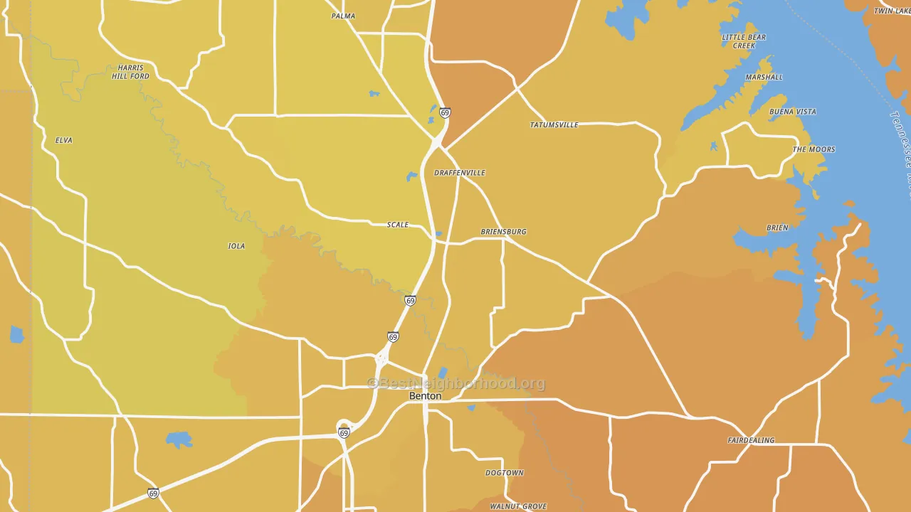 Map of the best neighborhoods in the Marshall County area, with better matches in green and worse matches in red