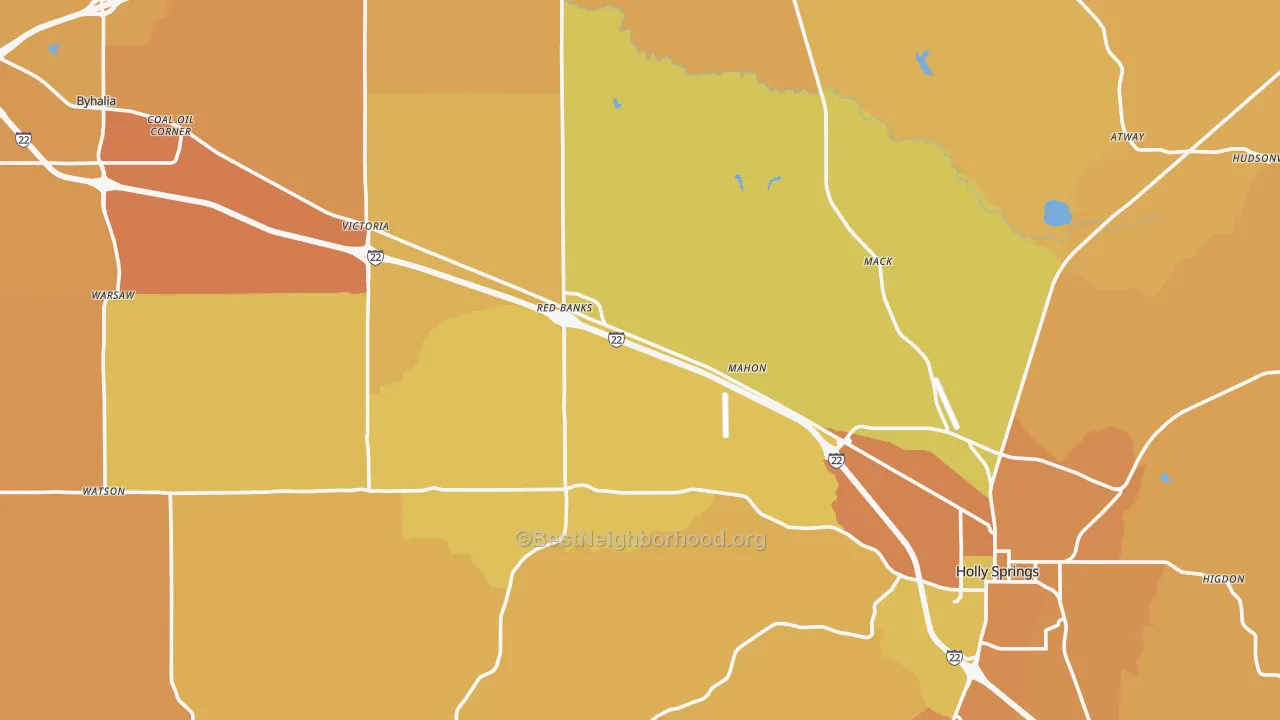 Map of the best neighborhoods in the Marshall County area, with better matches in green and worse matches in red