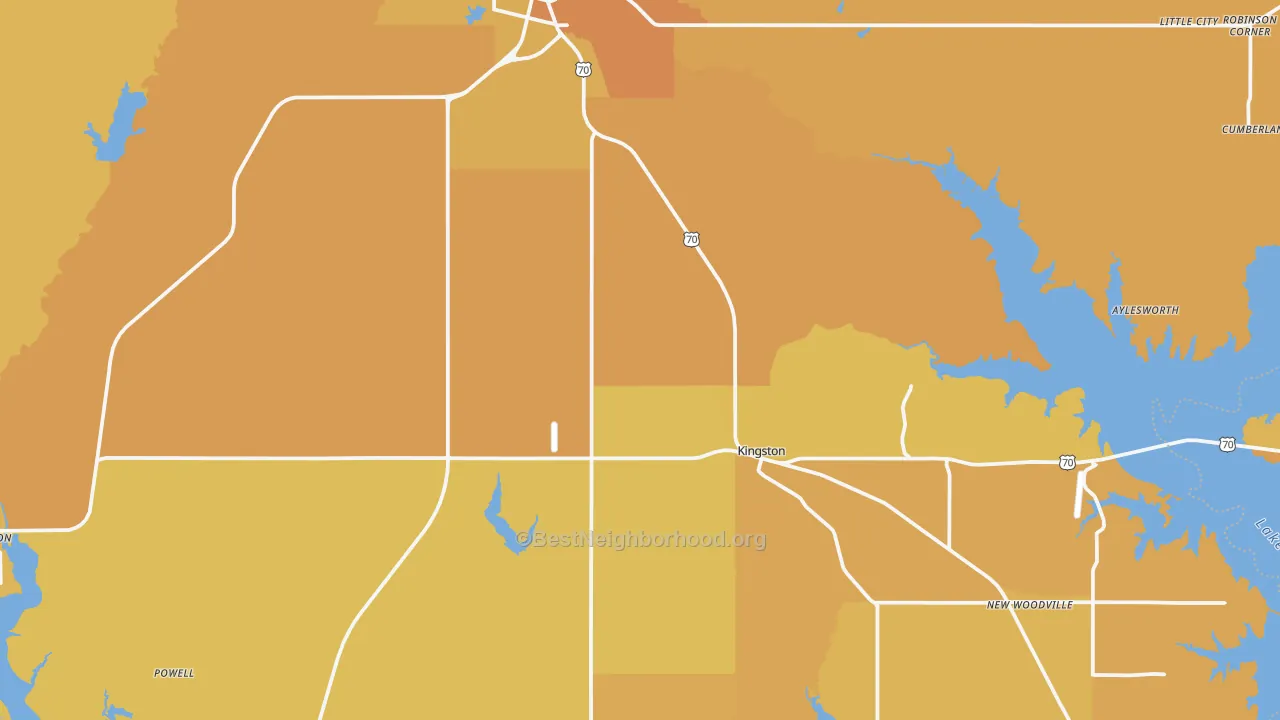 Map of the best neighborhoods in the Marshall County area, with better matches in green and worse matches in red