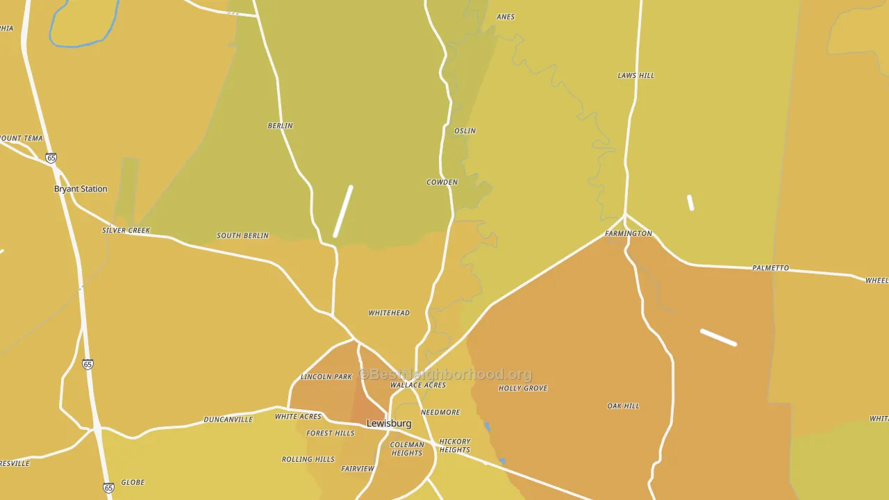 Map of the best neighborhoods in the Marshall County area, with better matches in green and worse matches in red