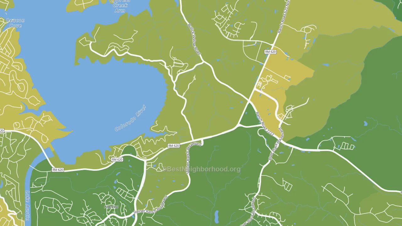 Map of the best neighborhoods in the Marshall Ford area, with better matches in green and worse matches in red