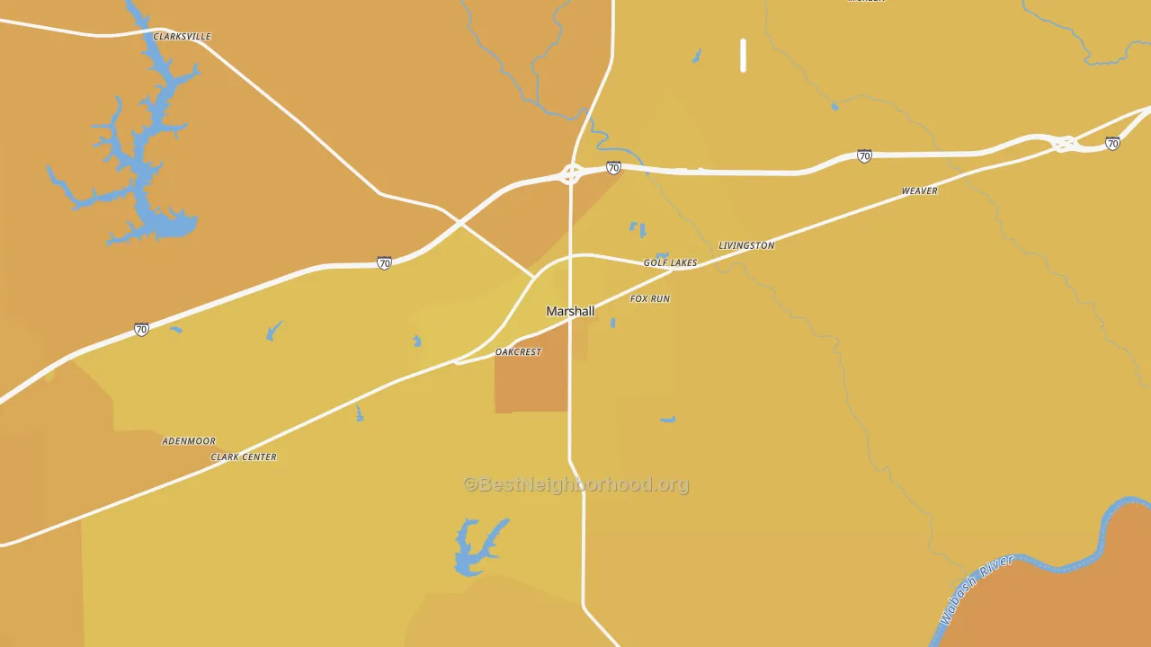 Map of the best neighborhoods in the Marshall area, with better matches in green and worse matches in red