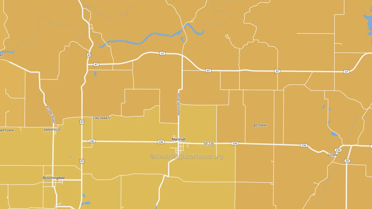 Map of the best neighborhoods in the Marshall area, with better matches in green and worse matches in red