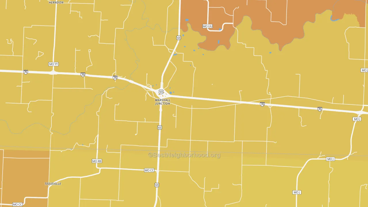 Map of the best neighborhoods in the Marshall Junction area, with better matches in green and worse matches in red