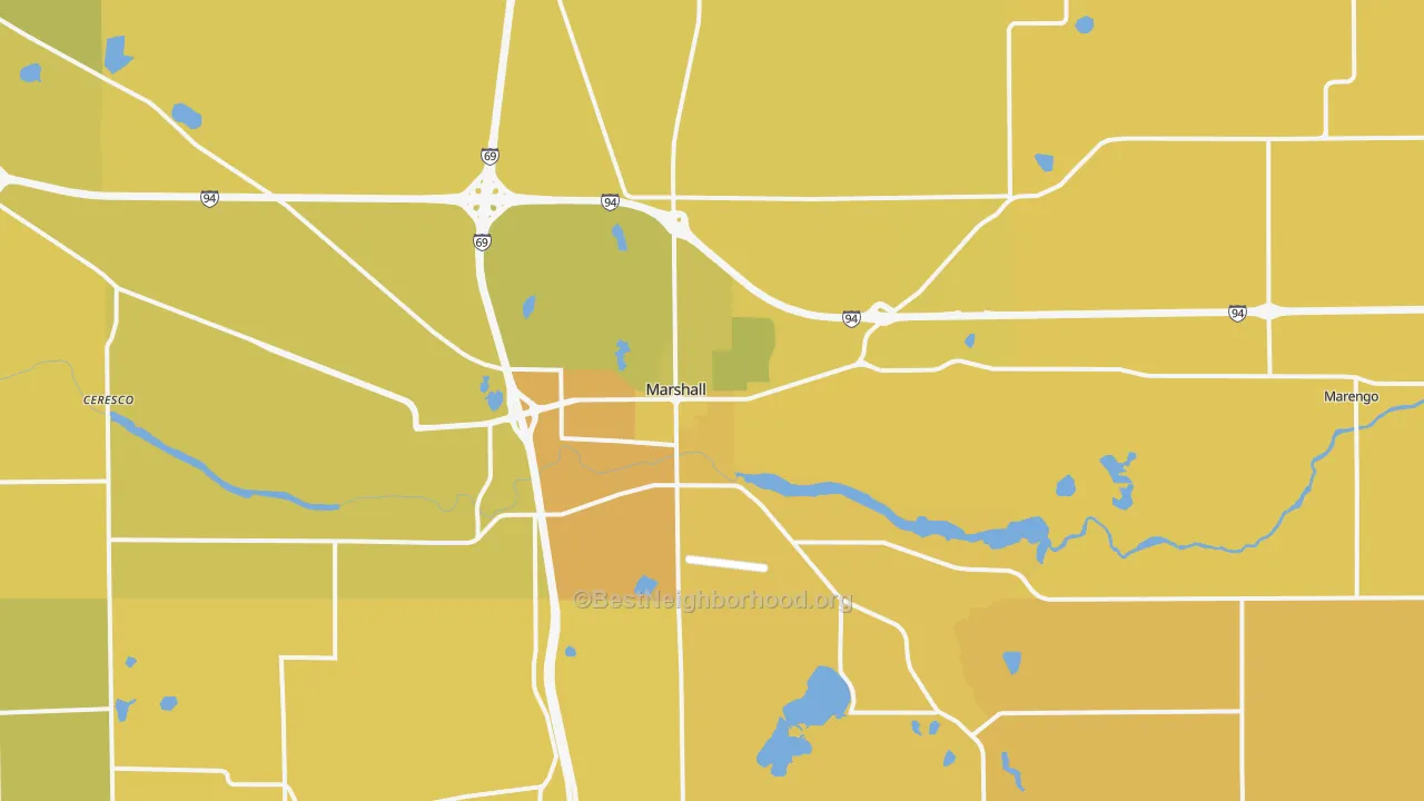 Map of the best neighborhoods in the Marshall area, with better matches in green and worse matches in red
