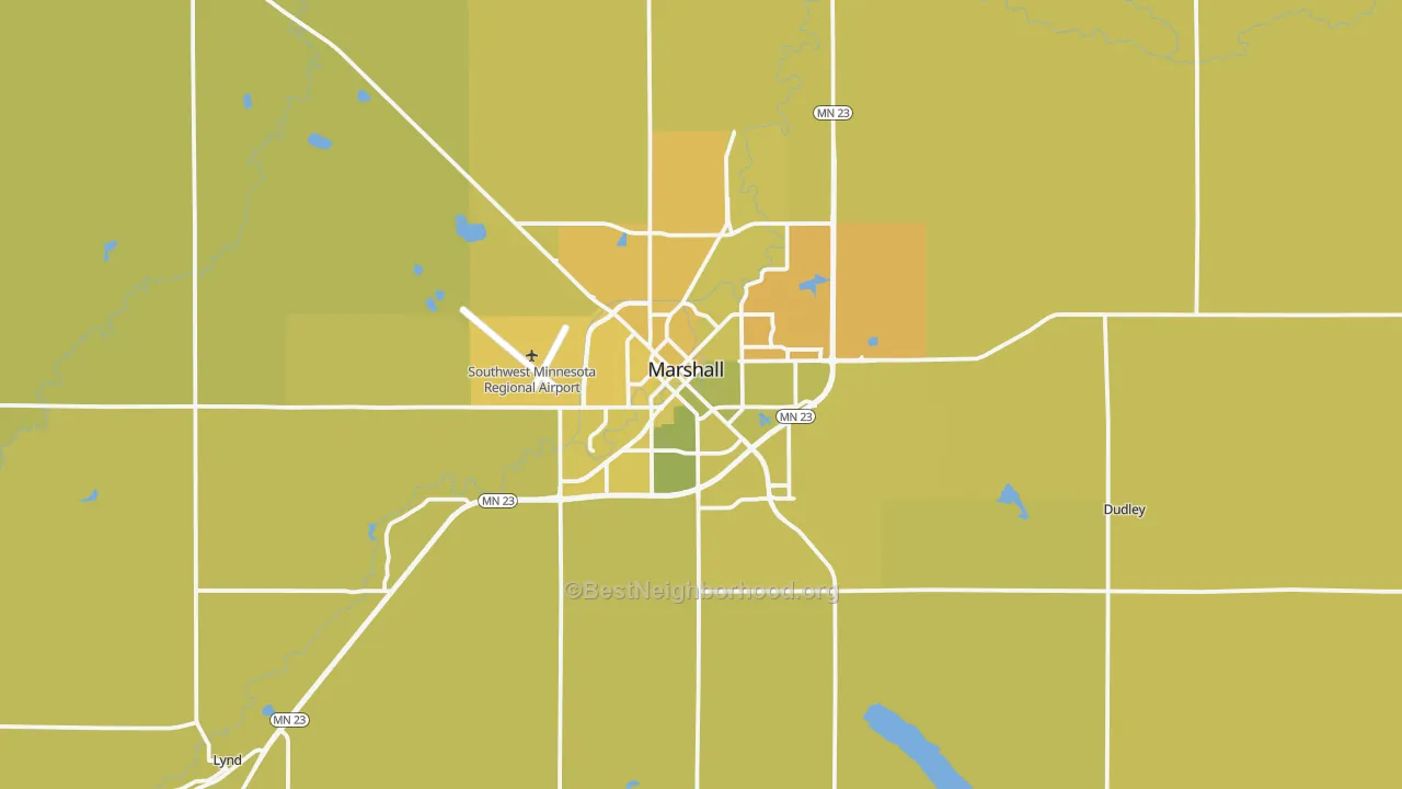 Map of the best neighborhoods in the Marshall area, with better matches in green and worse matches in red
