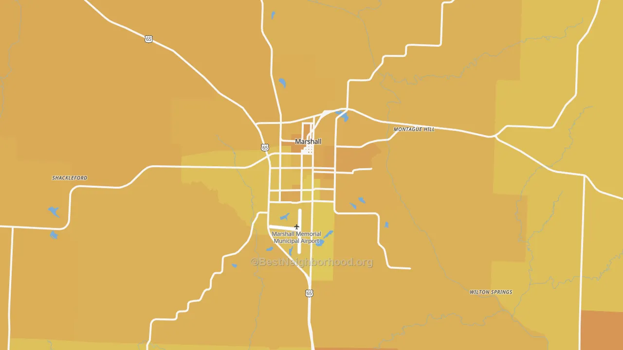 Map of the best neighborhoods in the Marshall area, with better matches in green and worse matches in red