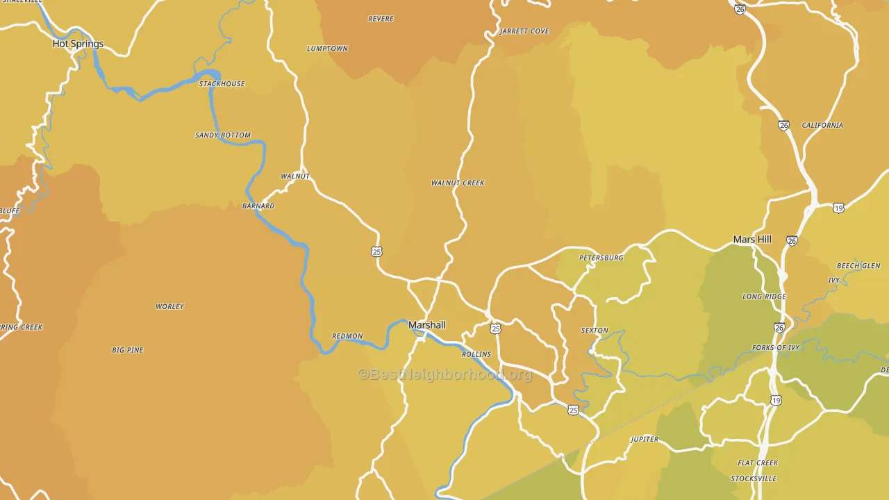 Map of the best neighborhoods in the Marshall area, with better matches in green and worse matches in red