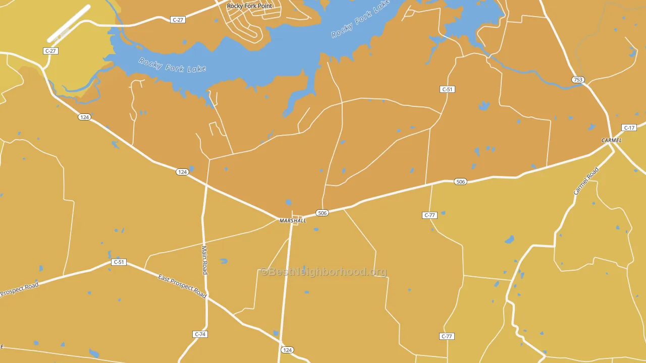 Map of the best neighborhoods in the Marshall area, with better matches in green and worse matches in red