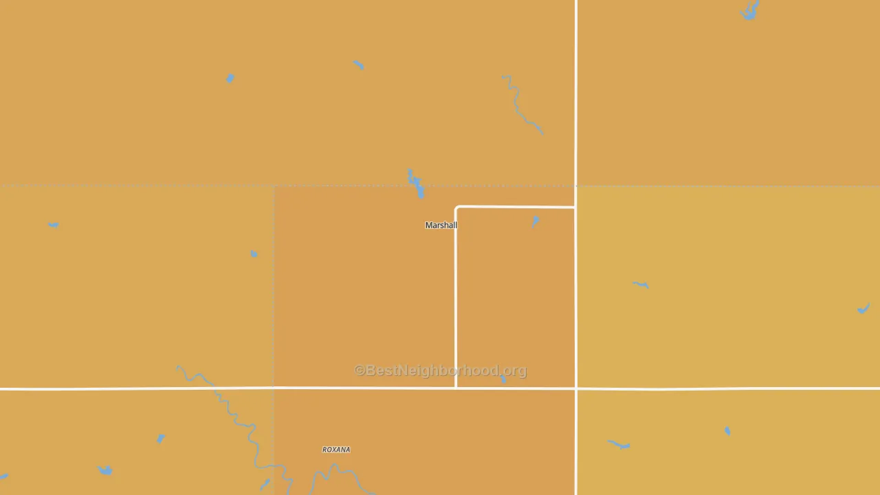 Map of the best neighborhoods in the Marshall area, with better matches in green and worse matches in red