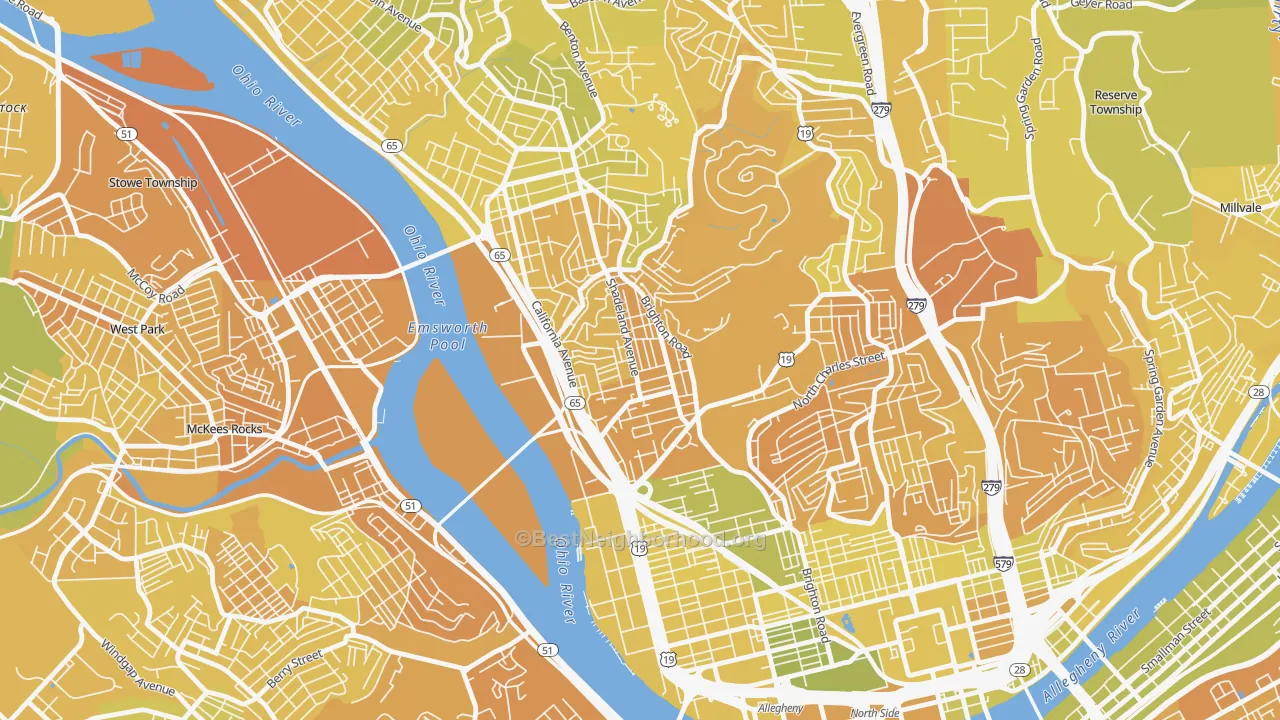 Map of the best neighborhoods in the Marshall-Shadeland, Pittsburgh area, with better matches in green and worse matches in red