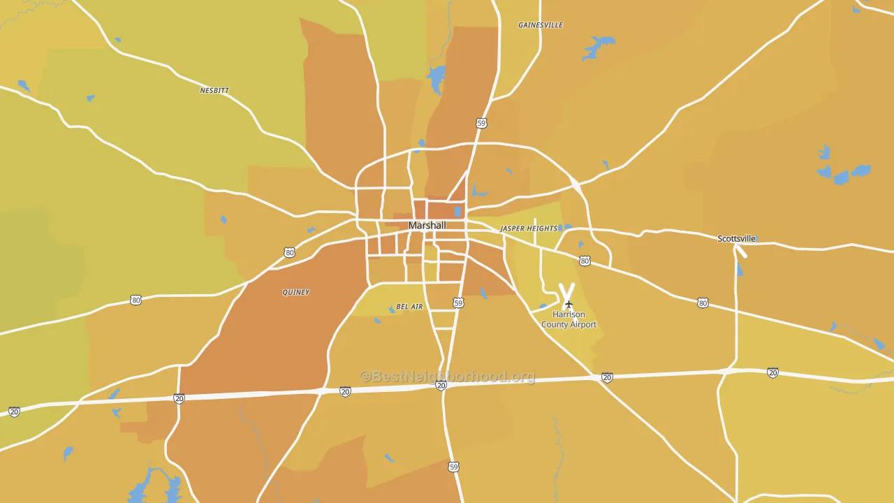 Map of the best neighborhoods in the Marshall area, with better matches in green and worse matches in red
