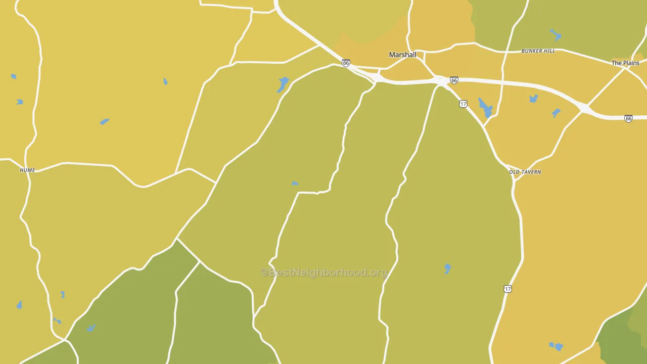 Map of the best neighborhoods in the Marshall area, with better matches in green and worse matches in red