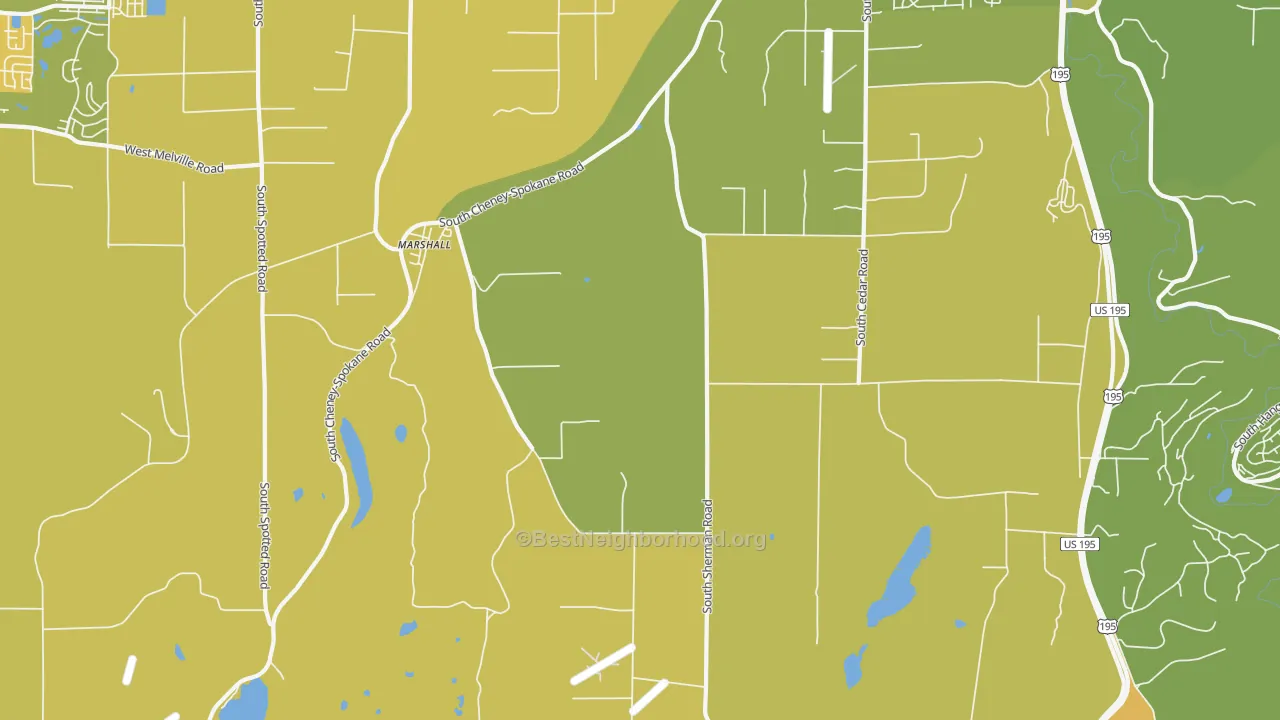 Map of the best neighborhoods in the Marshall area, with better matches in green and worse matches in red
