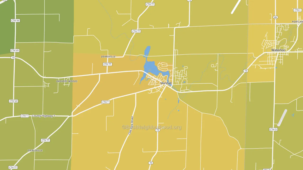 Map of the best neighborhoods in the Marshall area, with better matches in green and worse matches in red