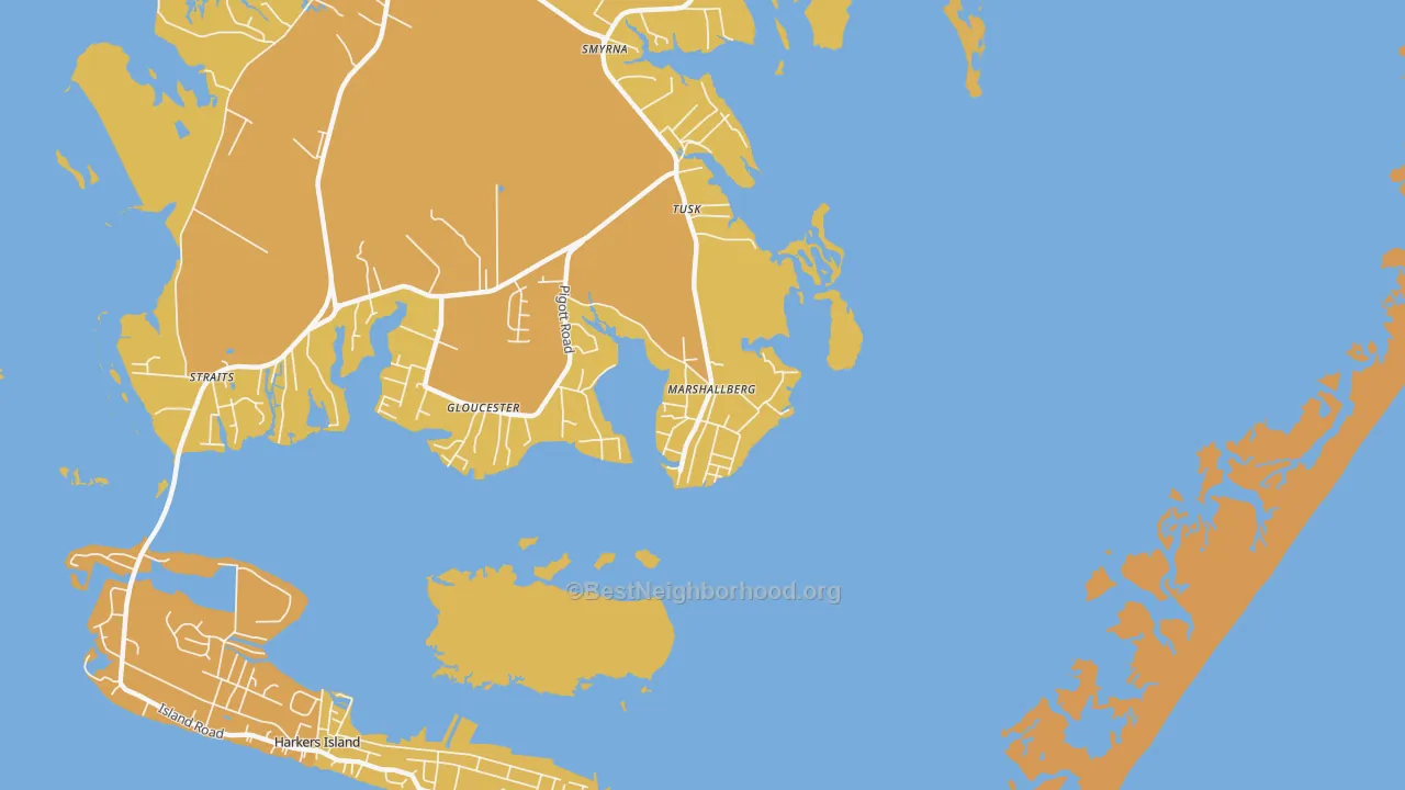 Map of the best neighborhoods in the Marshallberg area, with better matches in green and worse matches in red