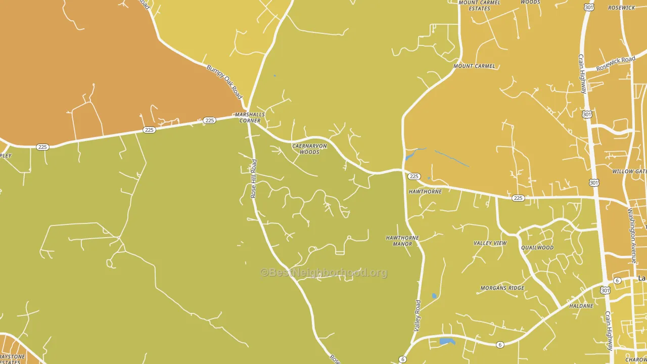 Map of the best neighborhoods in the Marshalls Corner area, with better matches in green and worse matches in red