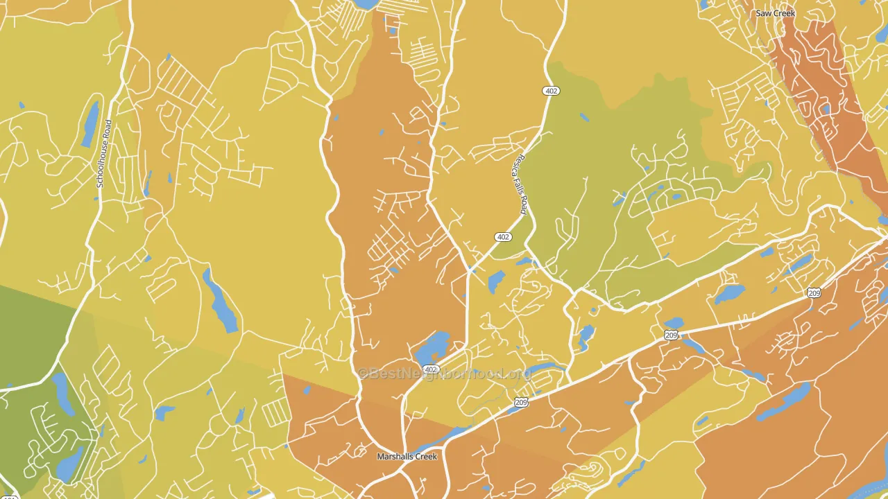 Map of the best neighborhoods in the Marshalls Creek area, with better matches in green and worse matches in red