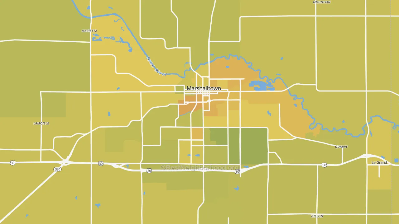 Map of the best neighborhoods in the Marshalltown area, with better matches in green and worse matches in red