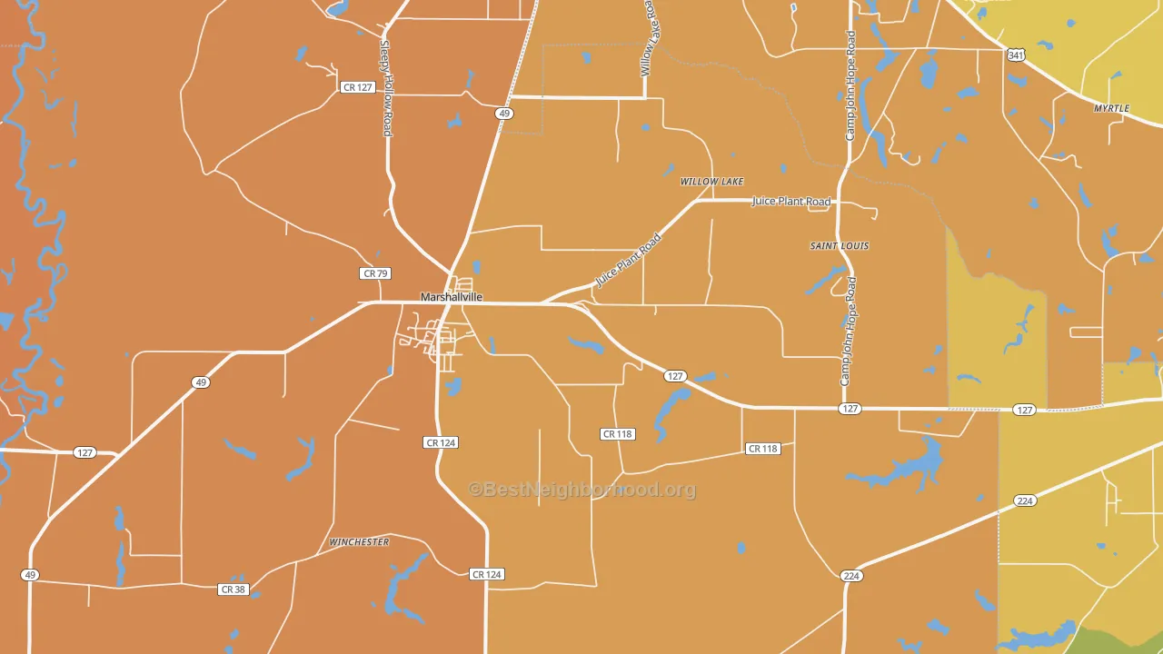Map of the best neighborhoods in the Marshallville area, with better matches in green and worse matches in red