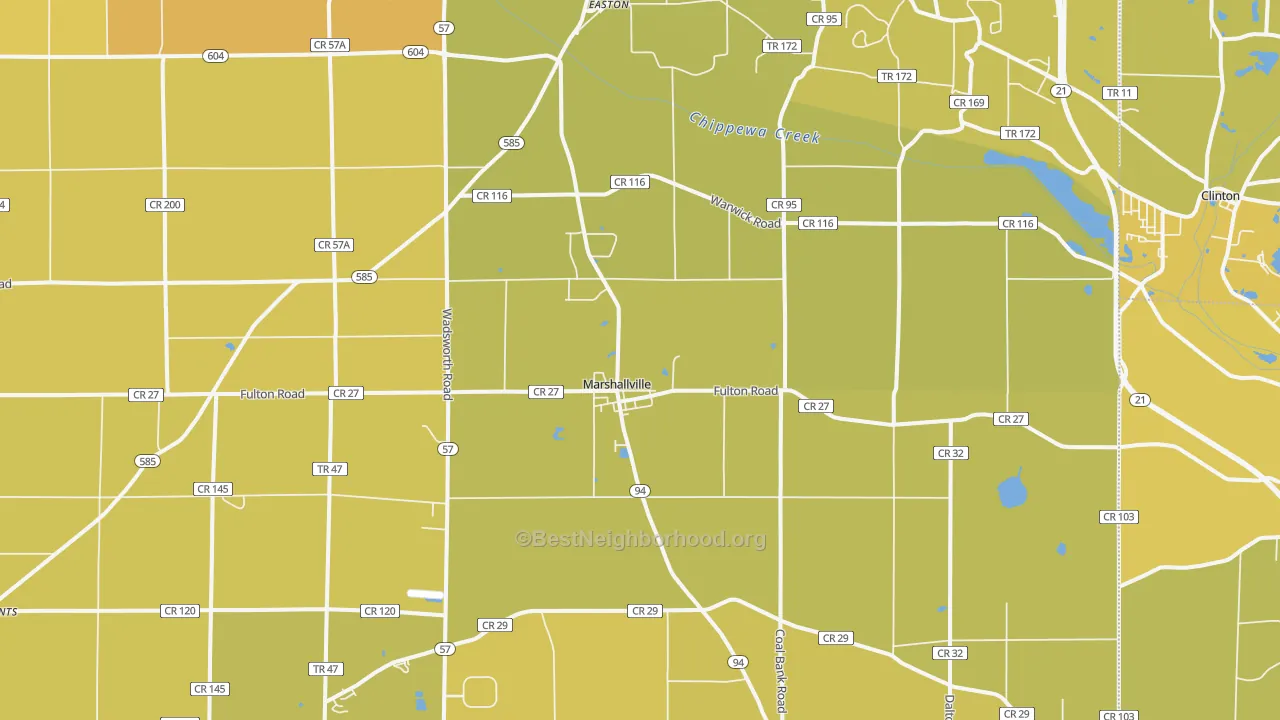 Map of the best neighborhoods in the Marshallville area, with better matches in green and worse matches in red