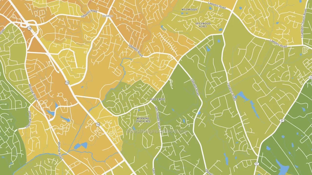 Map of the best neighborhoods in the Marshbrooke, Matthews area, with better matches in green and worse matches in red