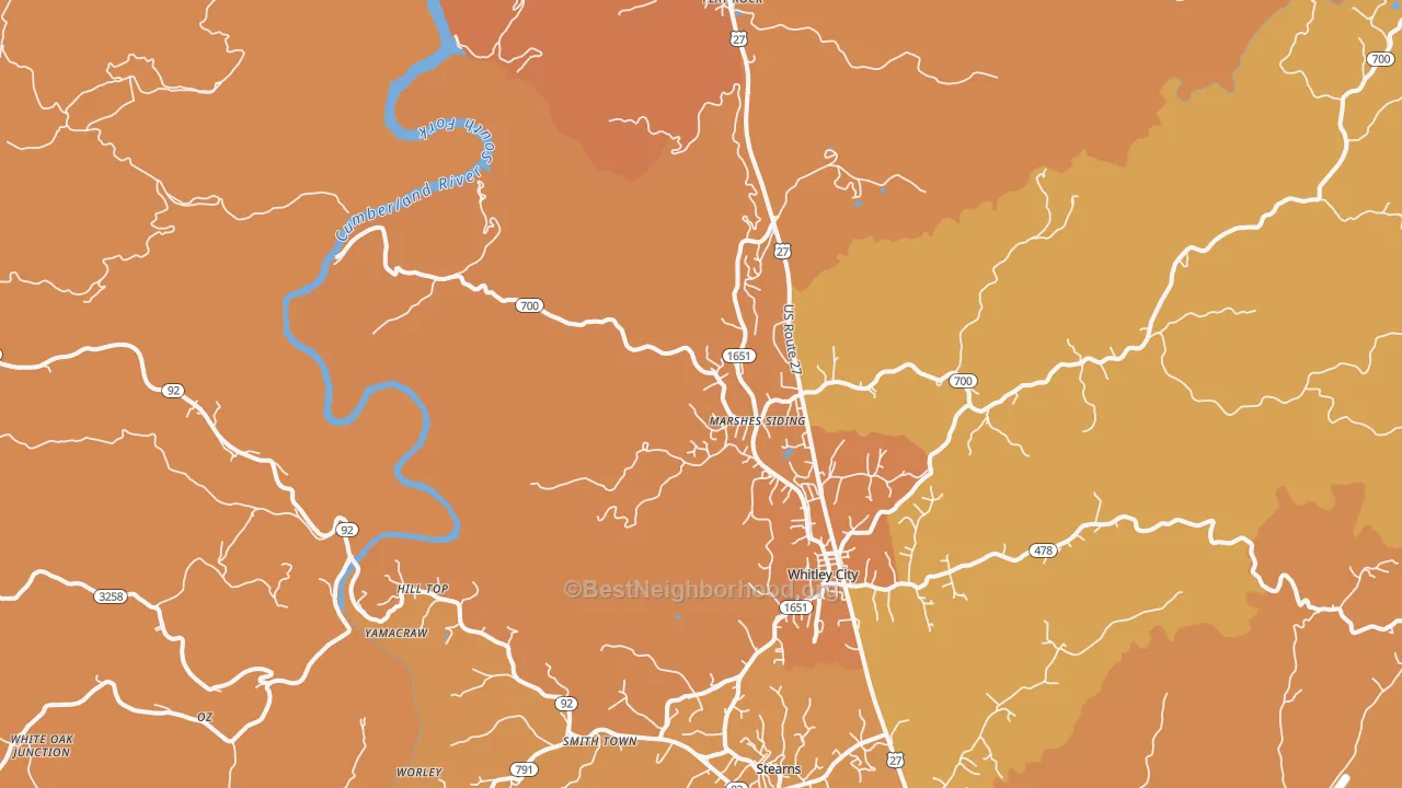 Map of the best neighborhoods in the Marshes Siding area, with better matches in green and worse matches in red